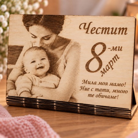 Елегантна извита дървена рамка с гравирана снимка - 8-ми март