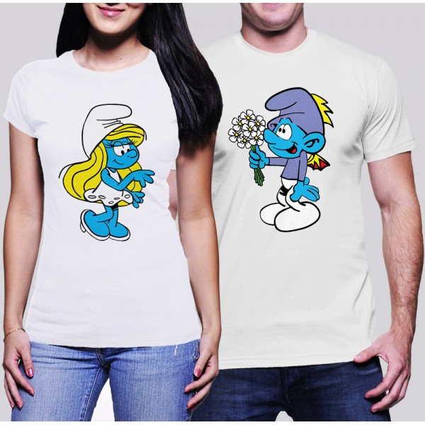 Комплект тениски за влюбени - Smurf и Smurfette